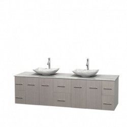 80 inch Double Bathroom Vanity in Gray Oak, White Carrera Marble Countertop, Arista White Carrera Marble Sinks, and No Mirror