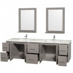 80 inch Double Bathroom Vanity in Gray Oak, White Carrera Marble Countertop, Undermount Square Sink, and 24 inch Mirrors