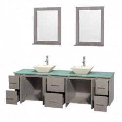 80 inch Double Bathroom Vanity in Gray Oak, Green Glass Countertop, Pyra Bone Porcelain Sinks, and 24 inch Mirrors