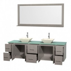 80 inch Double Bathroom Vanity in Gray Oak, Green Glass Countertop, Pyra Bone Porcelain Sinks, and 70 inch Mirror