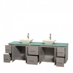 80 inch Double Bathroom Vanity in Gray Oak, Green Glass Countertop, Pyra Bone Porcelain Sinks, and No Mirror