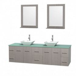 80 inch Double Bathroom Vanity in Gray Oak, Green Glass Countertop, Pyra White Porcelain Sinks, and 24 inch Mirrors