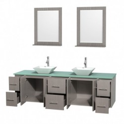 80 inch Double Bathroom Vanity in Gray Oak, Green Glass Countertop, Pyra White Porcelain Sinks, and 24 inch Mirrors