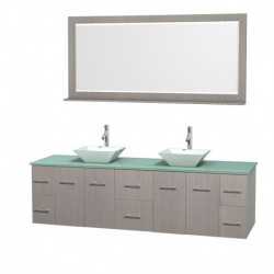 80 inch Double Bathroom Vanity in Gray Oak, Green Glass Countertop, Pyra White Porcelain Sinks, and 70 inch Mirror