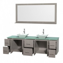 80 inch Double Bathroom Vanity in Gray Oak, Green Glass Countertop, Pyra White Porcelain Sinks, and 70 inch Mirror