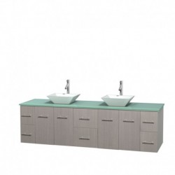 80 inch Double Bathroom Vanity in Gray Oak, Green Glass Countertop, Pyra White Porcelain Sinks, and No Mirror