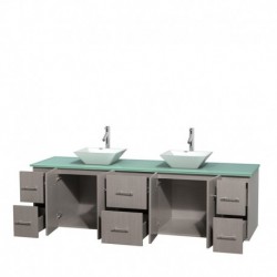 80 inch Double Bathroom Vanity in Gray Oak, Green Glass Countertop, Pyra White Porcelain Sinks, and No Mirror