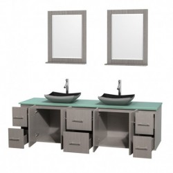 80 inch Double Bathroom Vanity in Gray Oak, Green Glass Countertop, Altair Black Granite Sinks, and 24 inch Mirrors