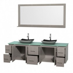 80 inch Double Bathroom Vanity in Gray Oak, Green Glass Countertop, Altair Black Granite Sinks, and 70 inch Mirror