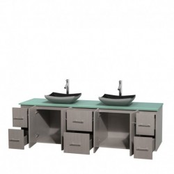 80 inch Double Bathroom Vanity in Gray Oak, Green Glass Countertop, Altair Black Granite Sinks, and No Mirror