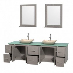 80 inch Double Bathroom Vanity in Gray Oak, Green Glass Countertop, Avalon Ivory Marble Sinks, and 24 inch Mirrors