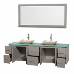 80 inch Double Bathroom Vanity in Gray Oak, Green Glass Countertop, Avalon Ivory Marble Sinks, and 70 inch Mirror