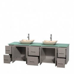 80 inch Double Bathroom Vanity in Gray Oak, Green Glass Countertop, Avalon Ivory Marble Sinks, and No Mirror