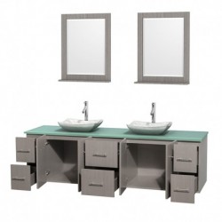 80 inch Double Bathroom Vanity in Gray Oak, Green Glass Countertop, Avalon White Carrera Marble Sinks, and 24 inch Mirrors