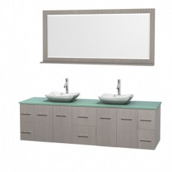 80 inch Double Bathroom Vanity in Gray Oak, Green Glass Countertop, Avalon White Carrera Marble Sinks, and 70 inch Mirror