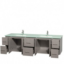 80 inch Double Bathroom Vanity in Gray Oak, Green Glass Countertop, Undermount Square Sinks, and No Mirror