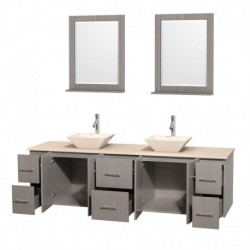 80 inch Double Bathroom Vanity in Gray Oak, Ivory Marble Countertop, Pyra Bone Porcelain Sinks, and 24 inch Mirrors