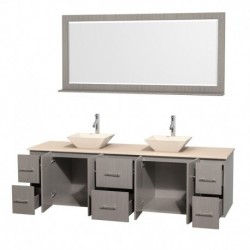 80 inch Double Bathroom Vanity in Gray Oak, Ivory Marble Countertop, Pyra Bone Porcelain Sinks, and 70 inch Mirror