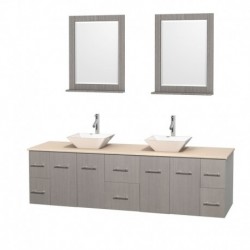 80 inch Double Bathroom Vanity in Gray Oak, Ivory Marble Countertop, Pyra White Porcelain Sinks, and 24 inch Mirrors