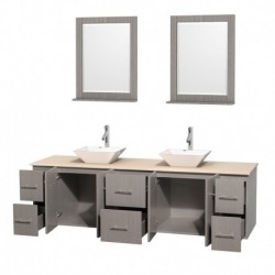 80 inch Double Bathroom Vanity in Gray Oak, Ivory Marble Countertop, Pyra White Porcelain Sinks, and 24 inch Mirrors