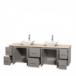 80 inch Double Bathroom Vanity in Gray Oak, Ivory Marble Countertop, Pyra White Porcelain Sinks, and No Mirror