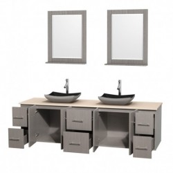 80 inch Double Bathroom Vanity in Gray Oak, Ivory Marble Countertop, Altair Black Granite Sinks, and 24 inch Mirrors