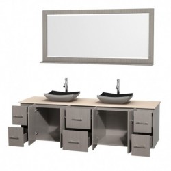 80 inch Double Bathroom Vanity in Gray Oak, Ivory Marble Countertop, Altair Black Granite Sinks, and 70 inch Mirror