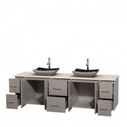 80 inch Double Bathroom Vanity in Gray Oak, Ivory Marble Countertop, Altair Black Granite Sinks, and No Mirror