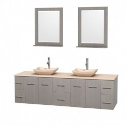 80 inch Double Bathroom Vanity in Gray Oak, Ivory Marble Countertop, Avalon Ivory Marble Sinks, and 24 inch Mirrors