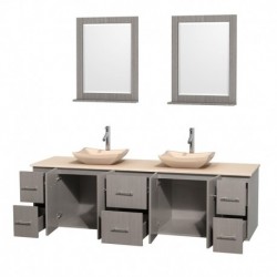 80 inch Double Bathroom Vanity in Gray Oak, Ivory Marble Countertop, Avalon Ivory Marble Sinks, and 24 inch Mirrors
