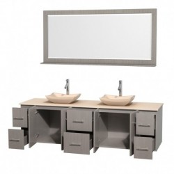 80 inch Double Bathroom Vanity in Gray Oak, Ivory Marble Countertop, Avalon Ivory Marble Sinks, and 70 inch Mirror
