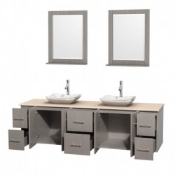 80 inch Double Bathroom Vanity in Gray Oak, Ivory Marble Countertop, Avalon White Carrera Marble Sinks, and 24 inch Mirrors