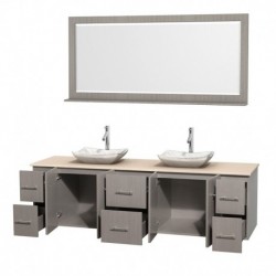 80 inch Double Bathroom Vanity in Gray Oak, Ivory Marble Countertop, Avalon White Carrera Marble Sinks, and 70 inch Mirror