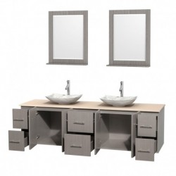 80 inch Double Bathroom Vanity in Gray Oak, Ivory Marble Countertop, Arista White Carrera Marble Sinks, and 24 inch Mirrors