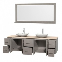 80 inch Double Bathroom Vanity in Gray Oak, Ivory Marble Countertop, Arista White Carrera Marble Sinks, and 70 inch Mirror