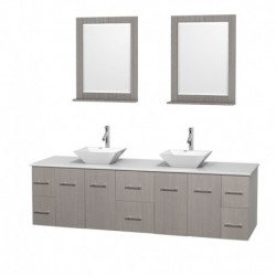 80 inch Double Bathroom Vanity in Gray Oak, White Man-Made Stone Countertop, Pyra White Porcelain Sinks, and 24 inch Mirrors