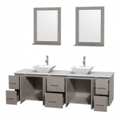 80 inch Double Bathroom Vanity in Gray Oak, White Man-Made Stone Countertop, Pyra White Porcelain Sinks, and 24 inch Mirrors