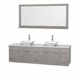 80 inch Double Bathroom Vanity in Gray Oak, White Man-Made Stone Countertop, Pyra White Porcelain Sinks, and 70 inch Mirror