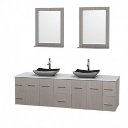 80 inch Double Bathroom Vanity in Gray Oak, White Man-Made Stone Countertop, Altair Black Granite Sinks, and 24 inch Mirrors