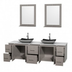 80 inch Double Bathroom Vanity in Gray Oak, White Man-Made Stone Countertop, Altair Black Granite Sinks, and 24 inch Mirrors