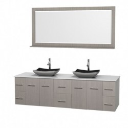 80 inch Double Bathroom Vanity in Gray Oak, White Man-Made Stone Countertop, Altair Black Granite Sinks, and 70 inch Mirror