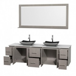 80 inch Double Bathroom Vanity in Gray Oak, White Man-Made Stone Countertop, Altair Black Granite Sinks, and 70 inch Mirror