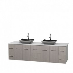 80 inch Double Bathroom Vanity in Gray Oak, White Man-Made Stone Countertop, Altair Black Granite Sinks, and No Mirror