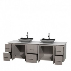 80 inch Double Bathroom Vanity in Gray Oak, White Man-Made Stone Countertop, Altair Black Granite Sinks, and No Mirror