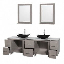 80 inch Double Bathroom Vanity in Gray Oak, White Man-Made Stone Countertop, Arista Black Granite Sinks, and 24 inch Mirrors