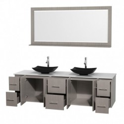 80 inch Double Bathroom Vanity in Gray Oak, White Man-Made Stone Countertop, Arista Black Granite Sinks, and 70 inch Mirror