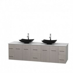 80 inch Double Bathroom Vanity in Gray Oak, White Man-Made Stone Countertop, Arista Black Granite Sinks, and No Mirror