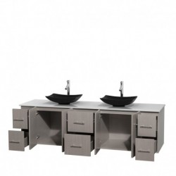 80 inch Double Bathroom Vanity in Gray Oak, White Man-Made Stone Countertop, Arista Black Granite Sinks, and No Mirror