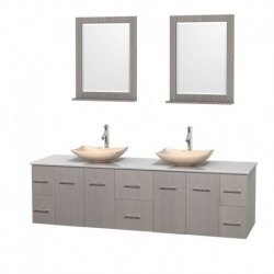 80 inch Double Bathroom Vanity in Gray Oak, White Man-Made Stone Countertop, Arista Ivory Marble Sinks, and 24 inch Mirrors