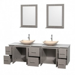 80 inch Double Bathroom Vanity in Gray Oak, White Man-Made Stone Countertop, Arista Ivory Marble Sinks, and 24 inch Mirrors